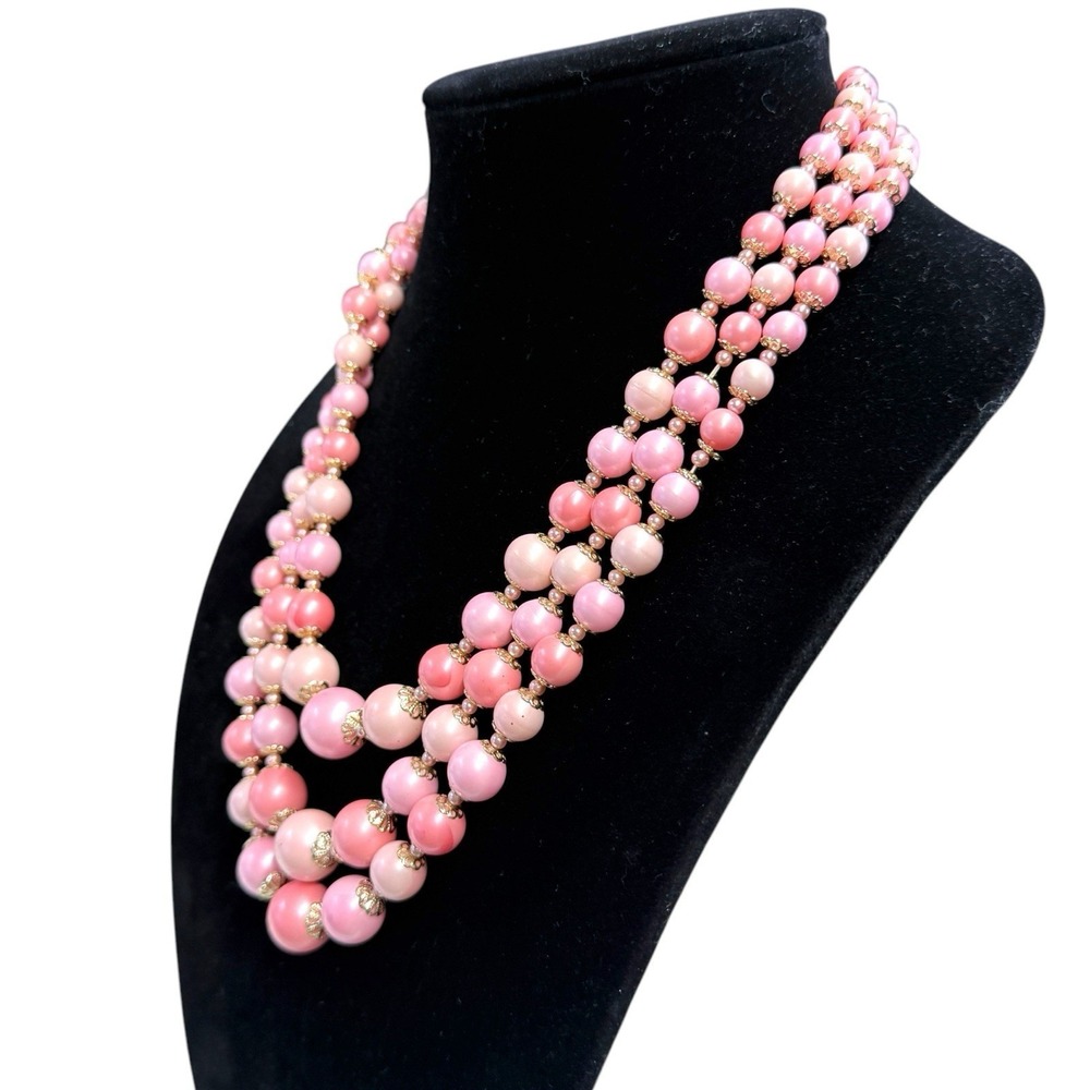 Vintage Japanese 3 Strand Pink Moonglow Pearls Necklace Matching Earrings - Picture 3 of 8
